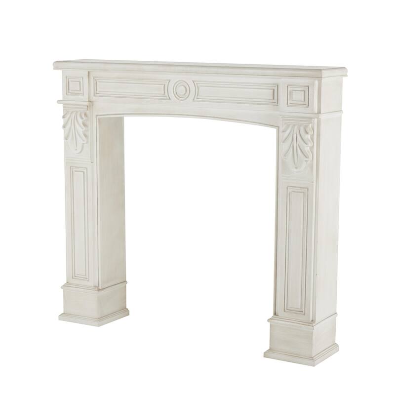 Wooden Freestanding Fireplace Mantle with Leaf Accents - White - Roche River Decor - White