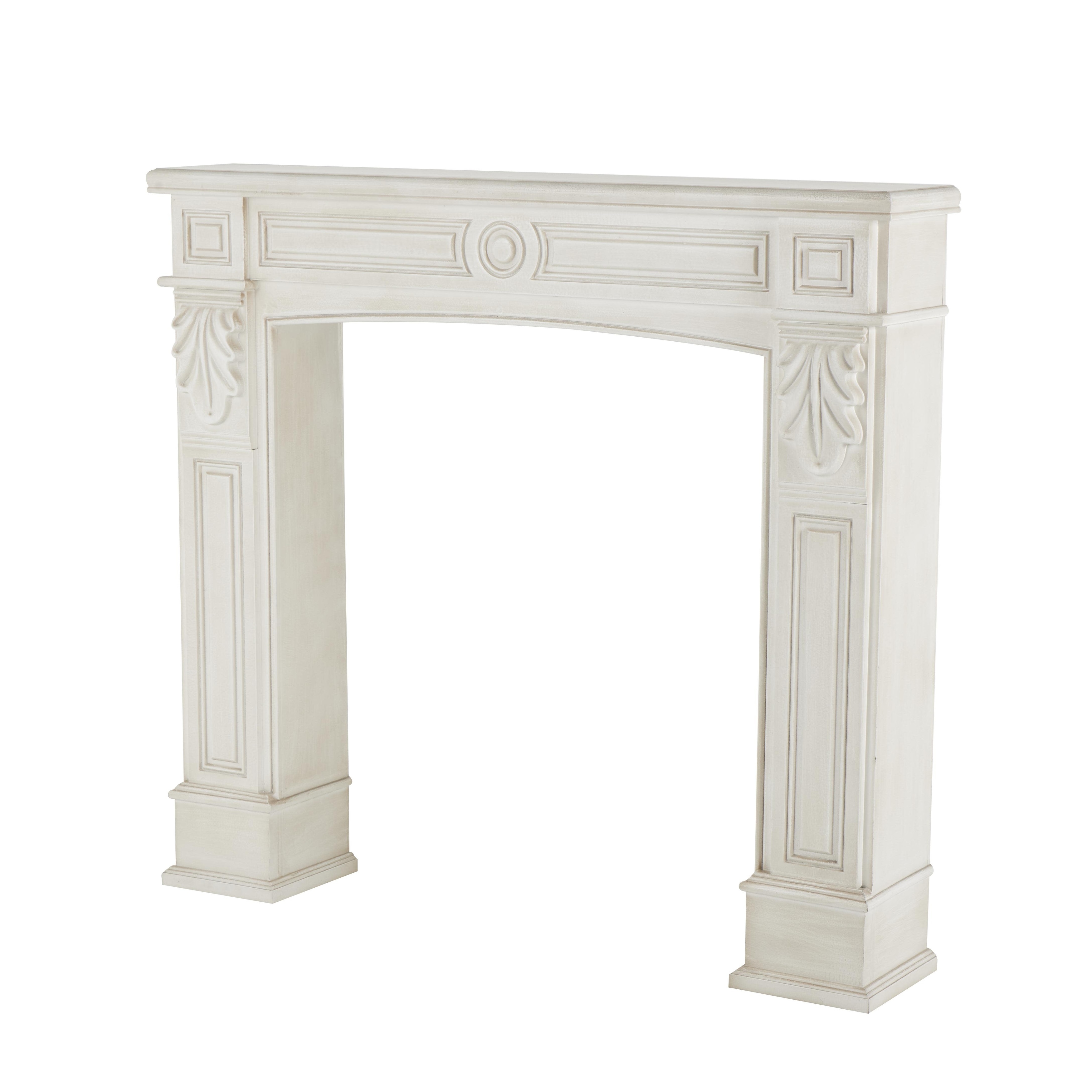 Wooden Freestanding Fireplace Mantle with Leaf Accents - White - Roche River Decor