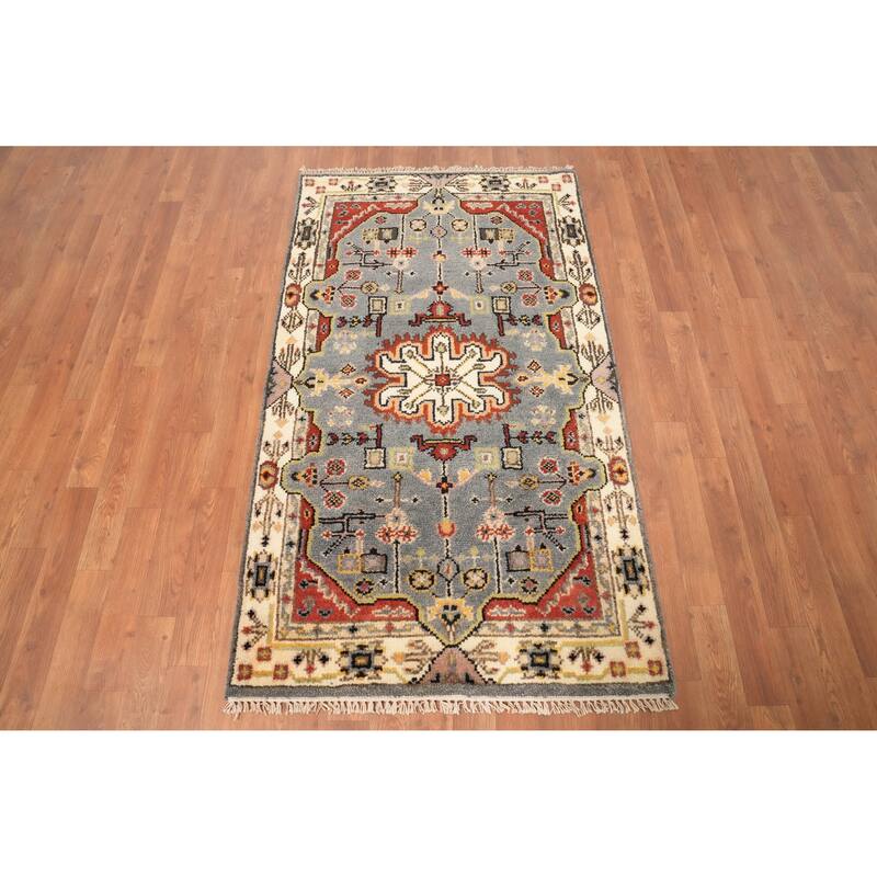 Hand Knotted Oriental 100% Wool Carpet Transitional Geometric Greys & Charcoal Oushak Area Rug - 5' 1'' X 2' 11''
