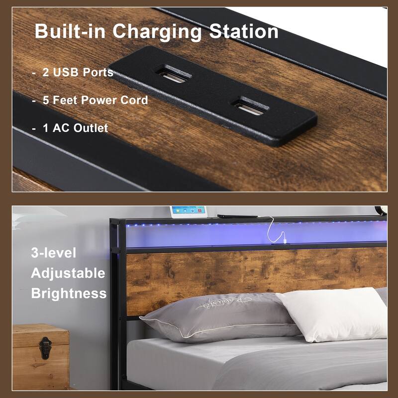 Noise Free Metal/Wood Platform Bed Frame with 2 USB Ports, Modern Industrial LED Lights Headboard Bed Frame with Shelf