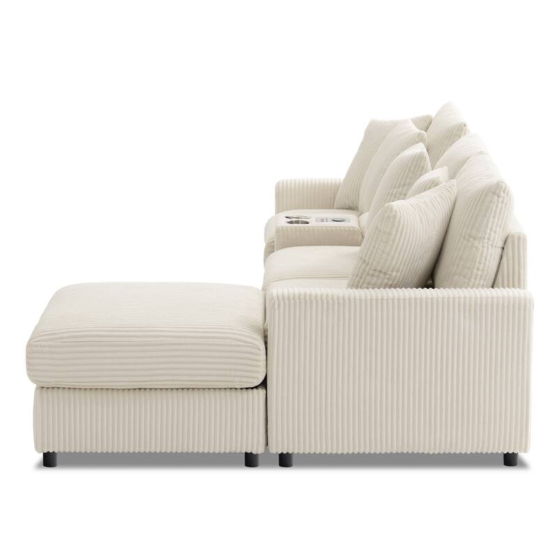 Modular Corduroy Sectional Sofa with Bluetooth Speakers, Charging Ports, Cup Holders, Storage and Ottoman for Living Room