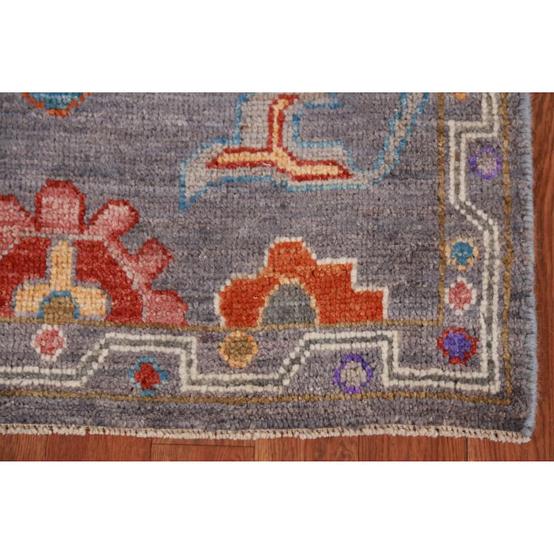 Hand Knotted Oriental 100% Wool Carpet Transitional Floral Greys & Charcoal Oushak Runner Rug - 9' 10'' X 2' 8''