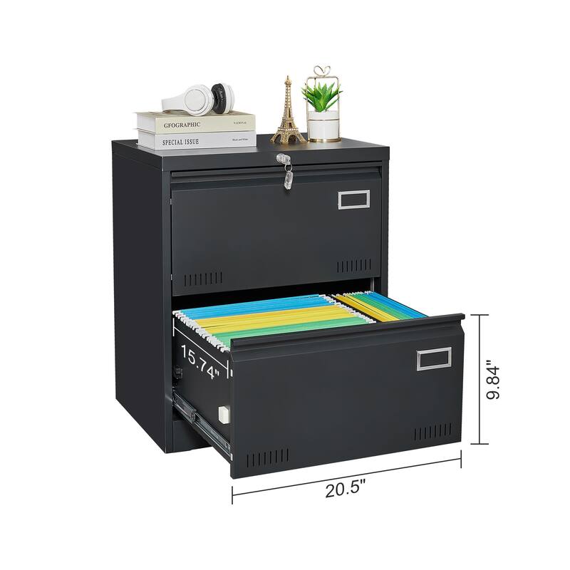 Anmytek Black File Cabinet Double Drawer Locking Office Storage Desk Organizer