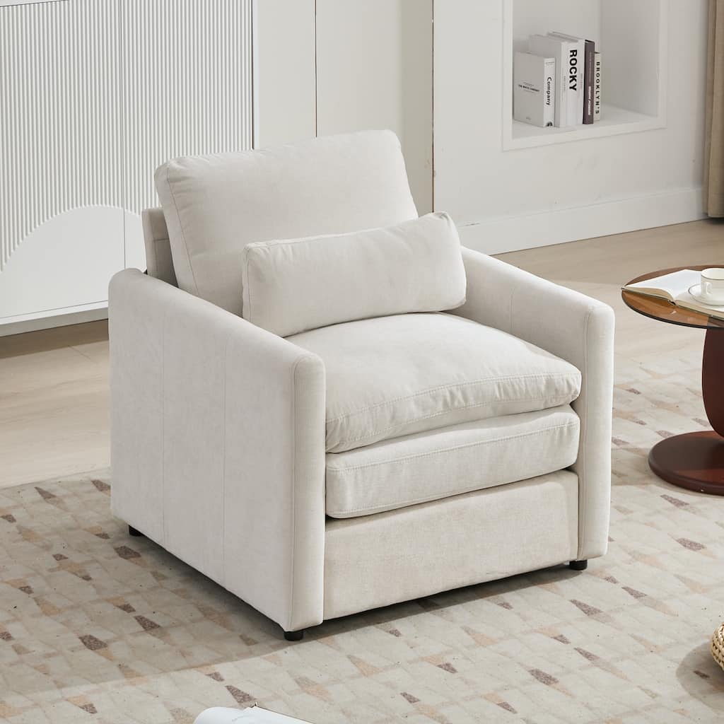 31.9" Beige Chenille Upholstered Armchair with Double Cushion and Ergonomic Design