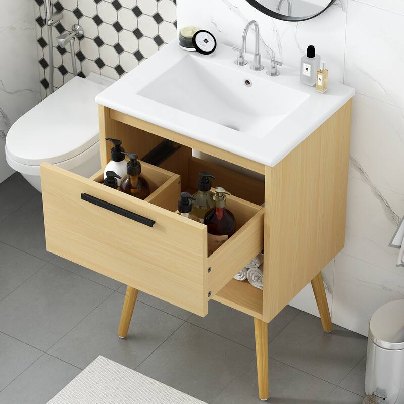 24" Bathroom Vanity with Sink Combo, Multi-functional Bathroom Cabinet with Drawer, MDF Board, Natural
