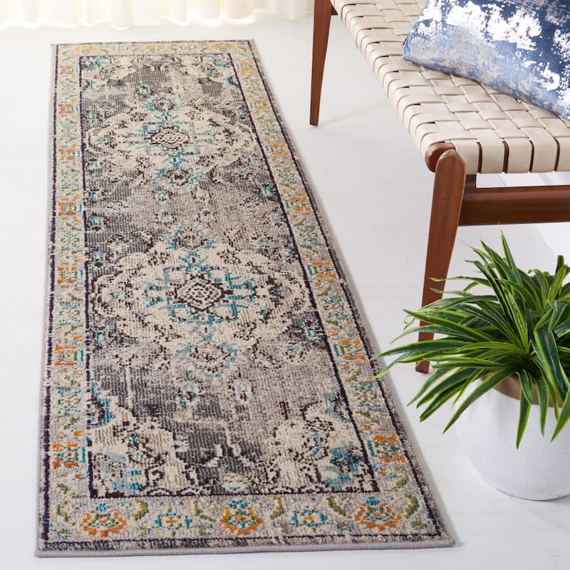 SAFAVIEH Monaco Oceane Boho Medallion Distressed Area Rug - 2'2" x 18' Runner - Grey/Light Blue