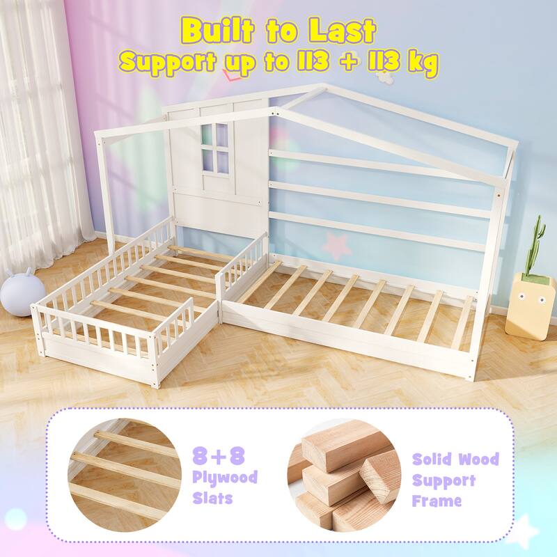 Gymax L-shaped Double Twin Beds House Platform Beds w/ Window & Fences