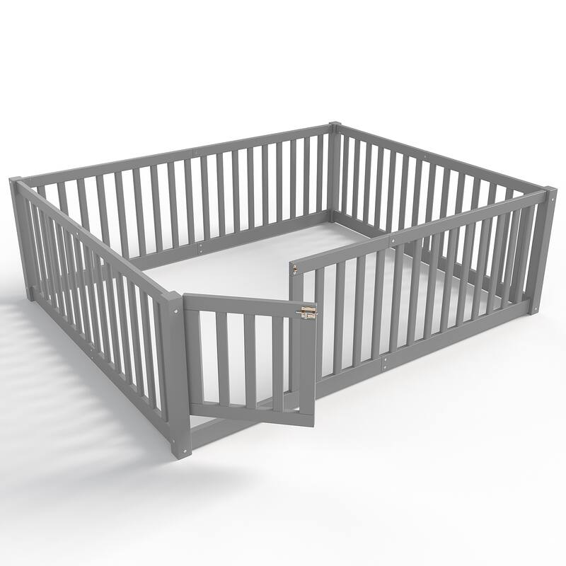 Montessori Floor Bed with Safety Guardrails & Door, Kids Low Profile Frame, Available in Queen/Full/Twin