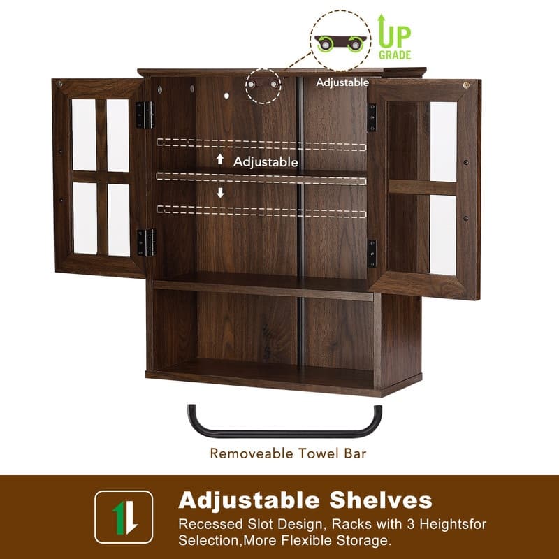 Wood Wall Storage Cabinet with Cross Glass Doors - 8.27"D x 19.3"W x 26.3"H