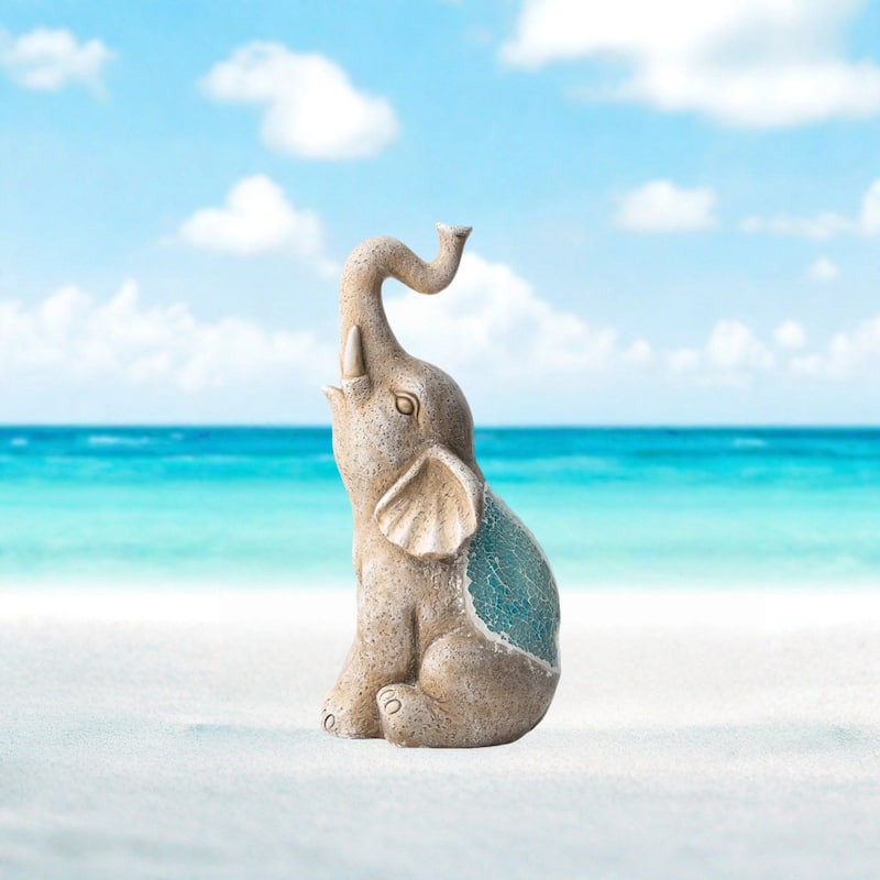 Glitzhome Faux Granite Mosaic Sitting Elephant Sea Horse Mermaid Garden Statue Ocean Figurine - Single Sitting Elephant