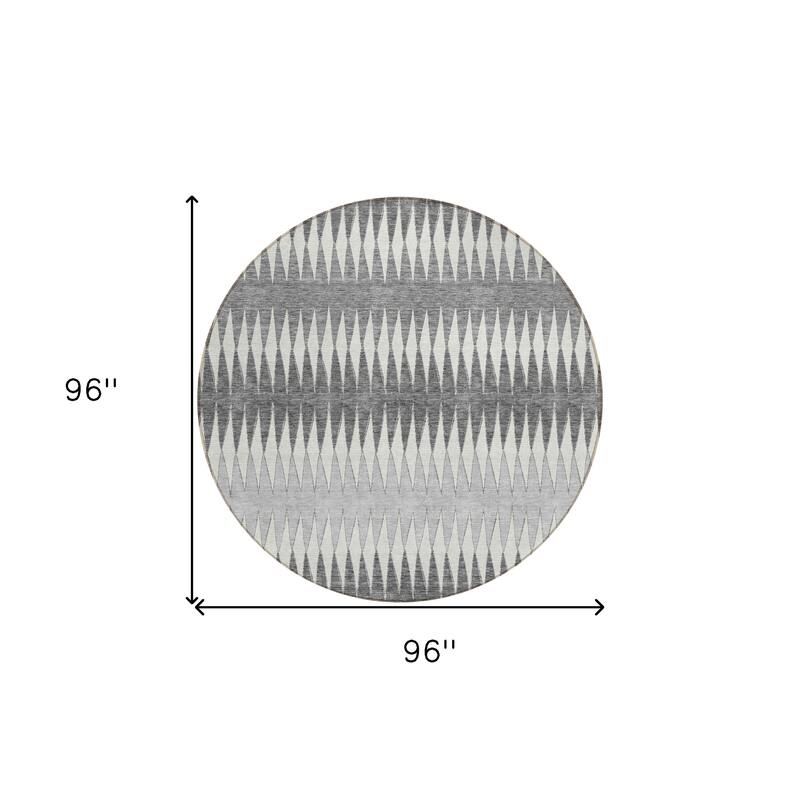 Gray And Ivory Round Striped Washable Indoor Outdoor Area Rug - 8' Round