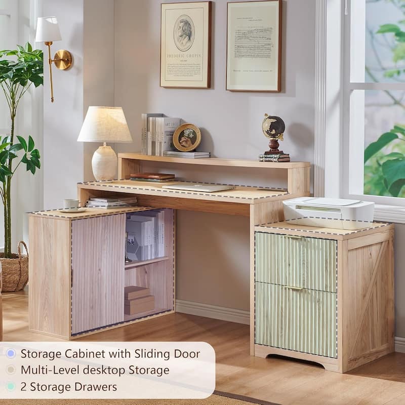 67" Modern L Shaped Desk, Wood Home Office Desk with Charging Station
