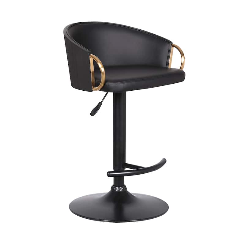 Adjustable Swivel Bar Stool with Faux Leather Seat, Black Finish and Gold Accents, Modern Home Bar Furniture