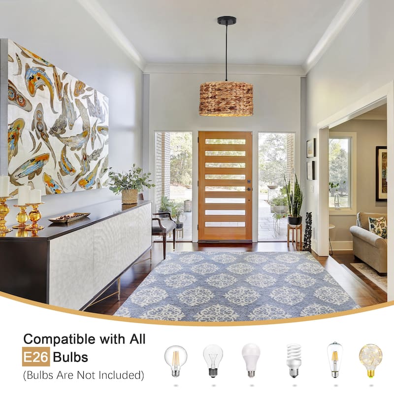 1-Light Hanging Kitchen Pendant Light Island Chandelier Fixture with Rattan Cover for Dining Room