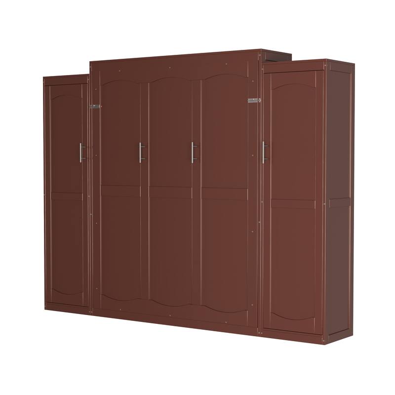 Full Size Murphy Bed, Wooden Full Wall Bed with 2 Wardrobe and Storage Shelf, Multifunctional Foldable Platform Bedframe