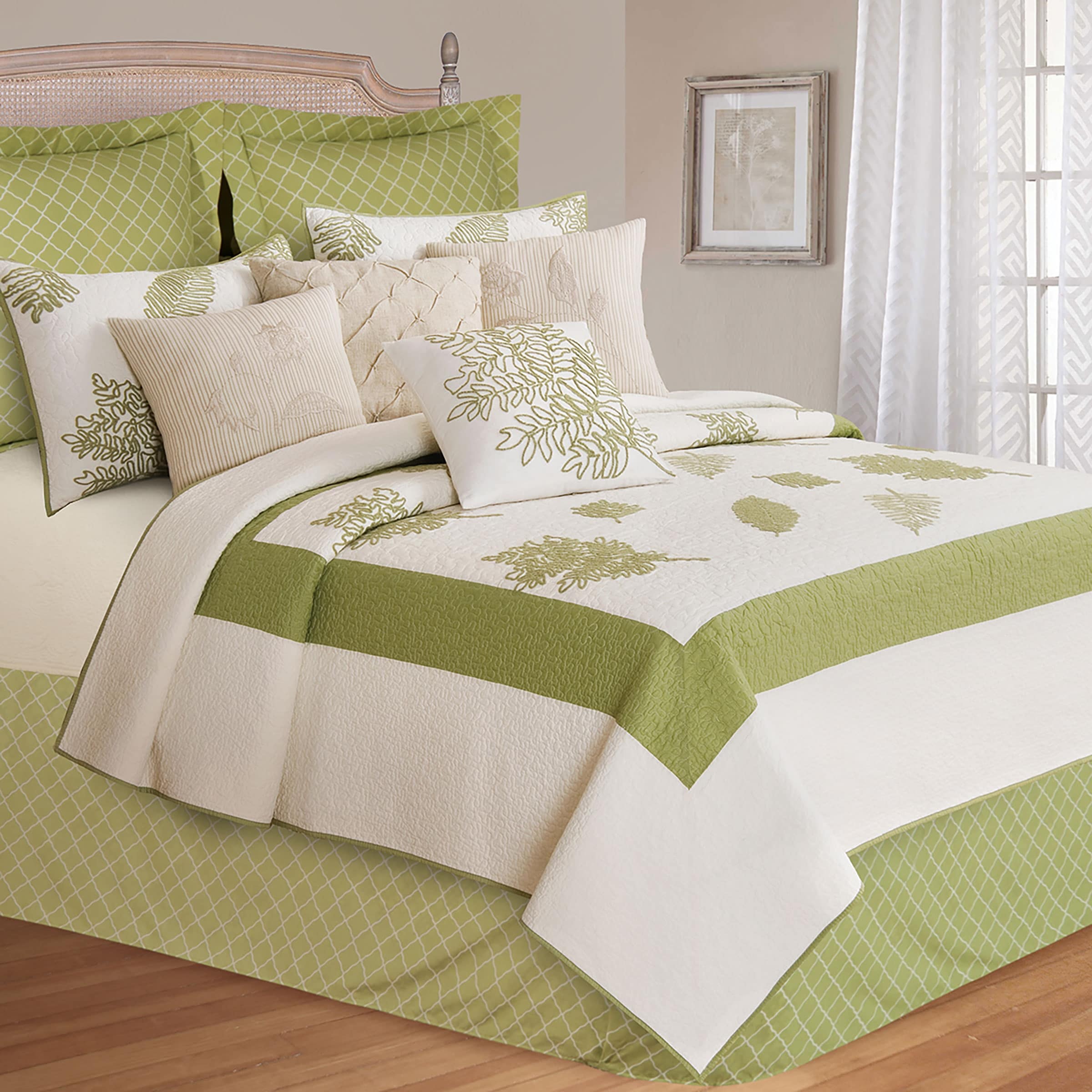 Grace Sage Green Real Patchwork Embroidered Scalloped Edge Cotton Reve –  Cozy Line Home Fashions