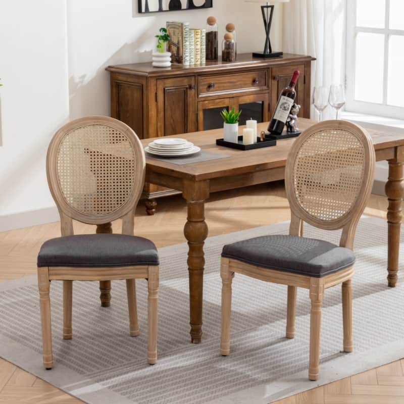 Furniture,French Style Solid Wood Frame Antique Painting Linen Fabric Rattan Back Dining Chair,Set of 2
