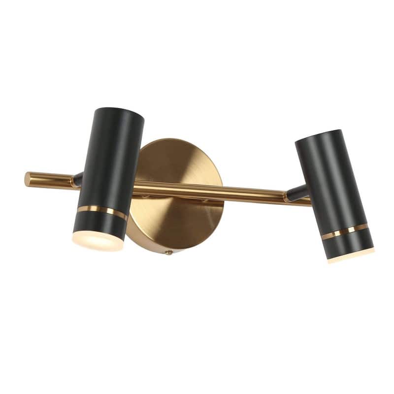 Modern Black Gold 2-Light LED Bathroom Vanity Light with Cylinder Shades - 16" L x 7.5" W x 6.5" H