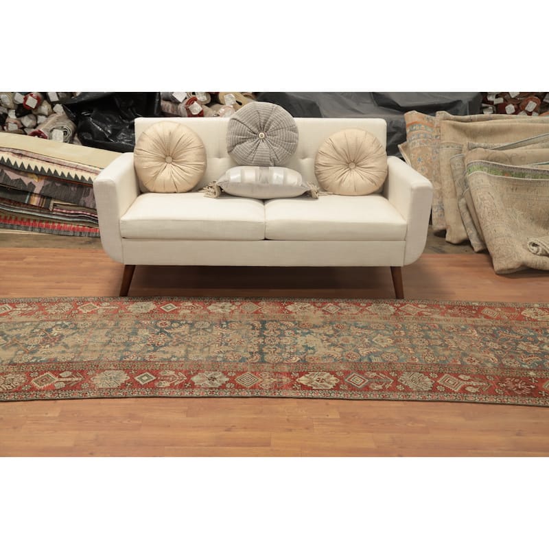Hand Knotted Oriental 100% Wool Carpet Traditional Floral Navy Blue & Blues Bidjar Runner Rug - 11' 1'' X 3' 1''
