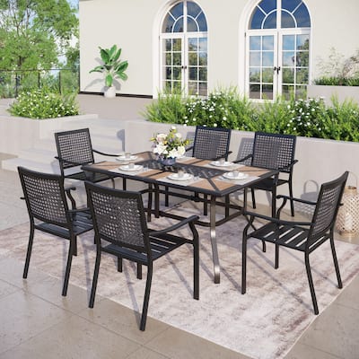 MAISON ARTS 7-Piece Patio Dining Set Metal E-coating of 6 Metal Chairs & 1 Umbrella Hole Metal Table with Wood-like table Top
