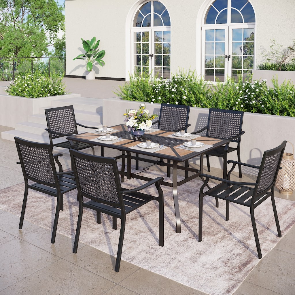MAISON ARTS 7-Piece Patio Dining Set Metal E-coating of 6 Metal Chairs & 1 Umbrella Hole Metal Table with Wood-like table Top