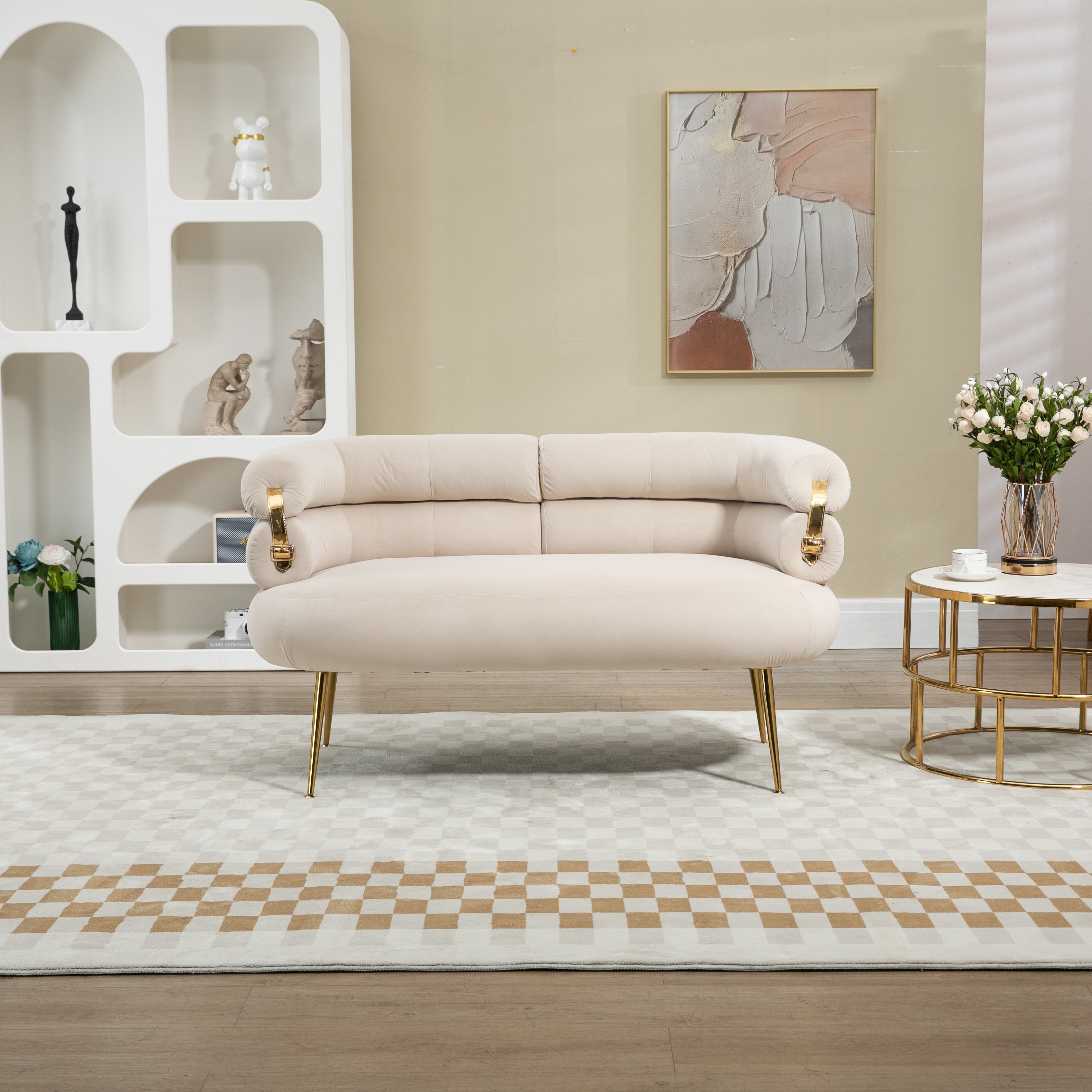 Beige Loveseat Sofa, Upholstered Mini Couch with Curved Backrest & Metal Legs Modern 2 Seater Couches Metal Arms Accent Sofa - Bed Bath & Beyond