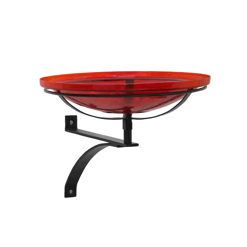 Achla Designs 14"Dia. Round Crackle Glass Birdbath w/Black Wrought Iron Wall Mount Bracket - Red