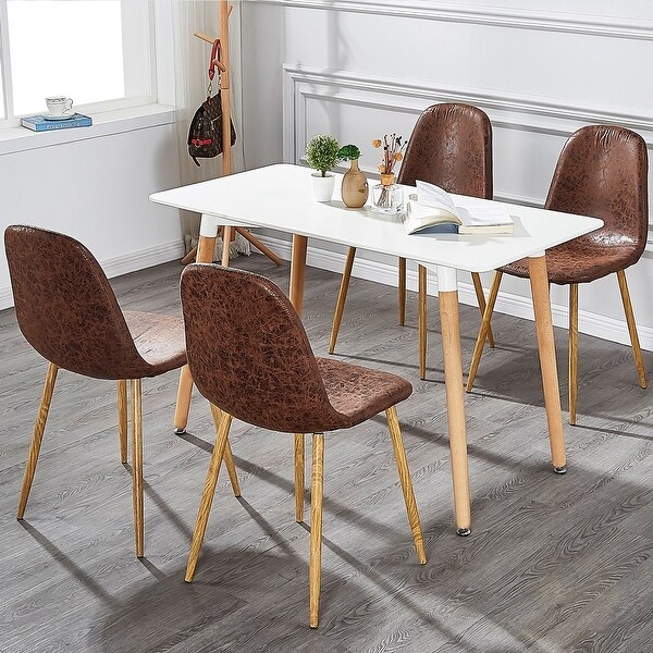 Wood Dining Table 4 Linen Fabric Backrest Chairs Set Dining Room