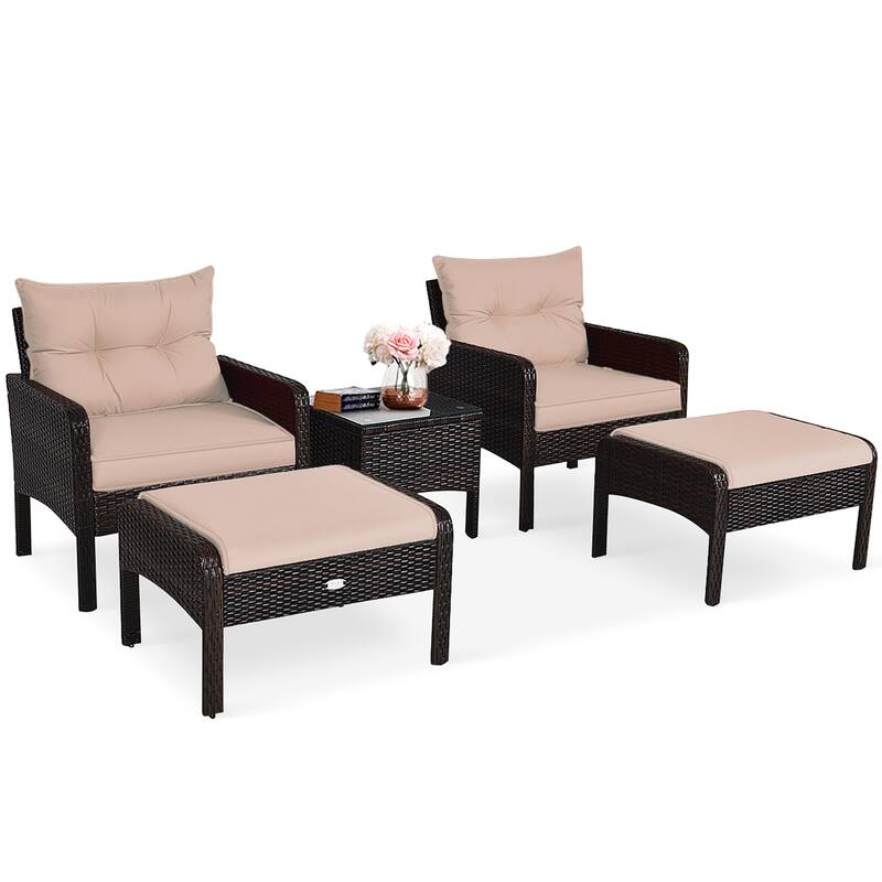 5 PCS Patio Rattan Conversation Set Outdoor Wicker Furniture Set - Brown