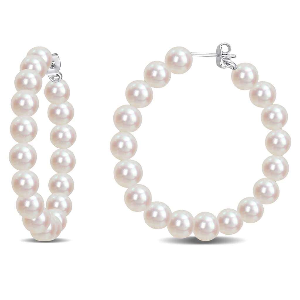 Miadora 6-6.5mm Cultured Freshwater Pearl Hoop Earrings in Sterling Silver
