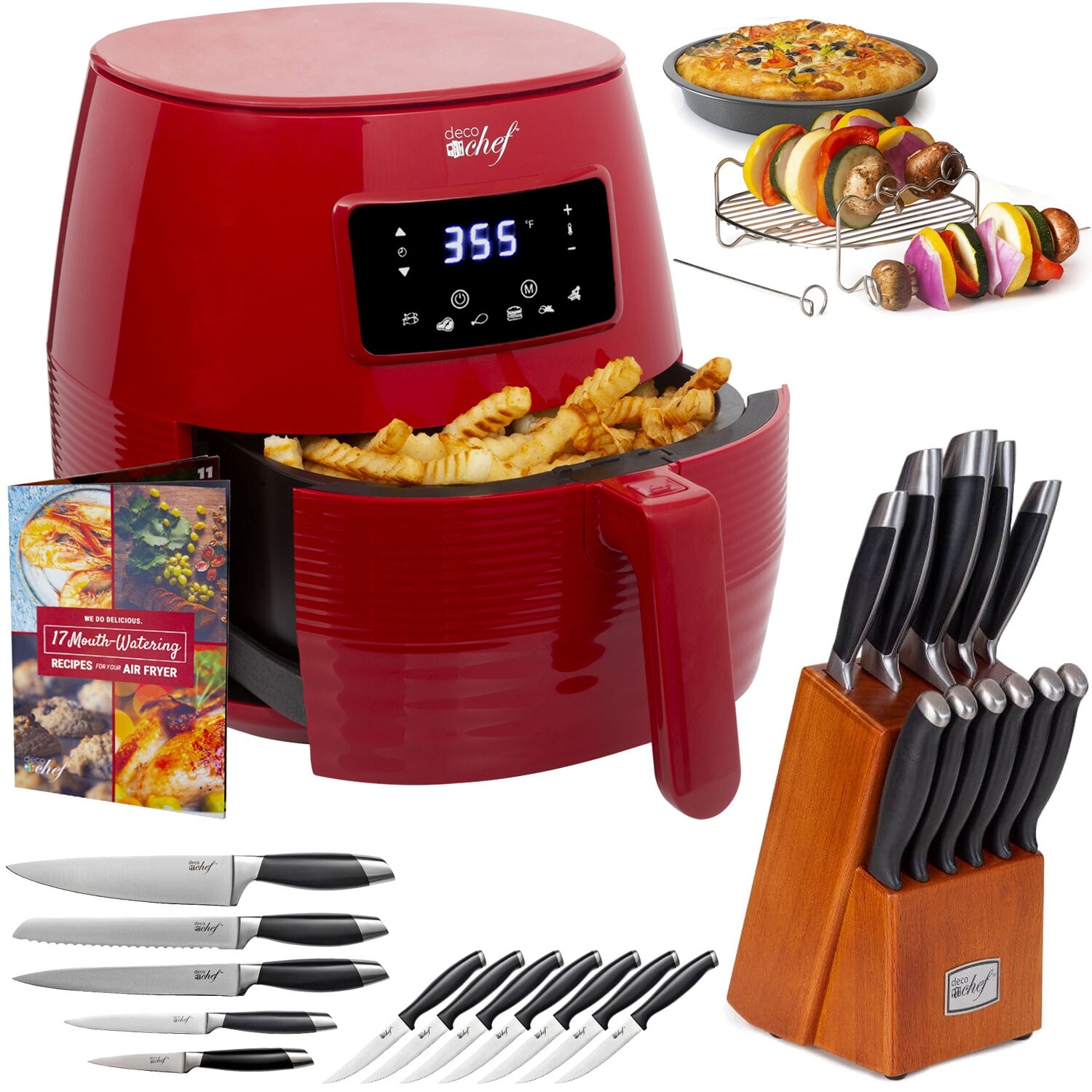 Deco Chef 24qt Countertop Air Fryer Oven & Knife Set Red