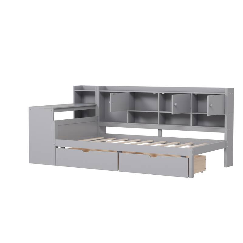 Twin Size Wooden L-Shape Daybed with Study Desk & Built-in Bookshelf, Multi-functional Bed for Bedroom