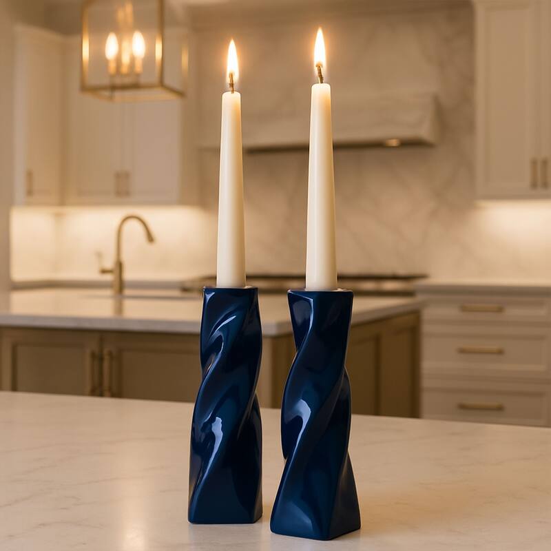 Blue Tall Curvy Santa Fe Style Ceramic Candlesticks Set of Two