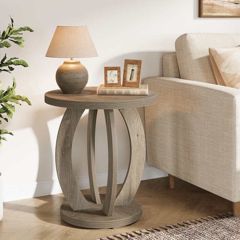 Round Side Table with Storage, Farmhouse End Table for Living Room Small Space