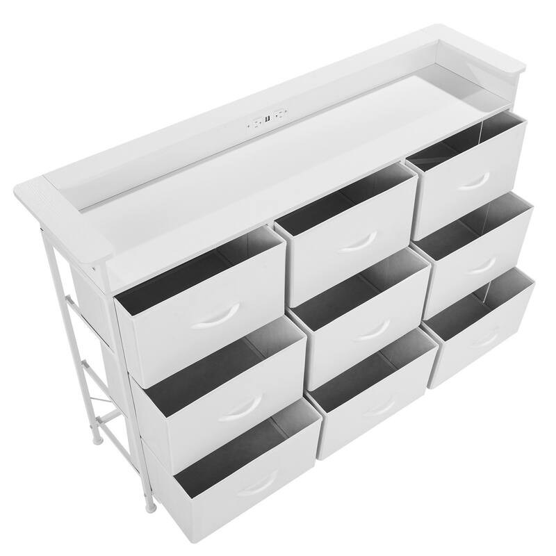 White 9 Fabric Drawer Tall Dresser with Power Outlets and Sturdy Steel Frame