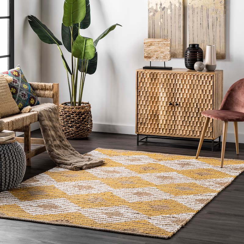 Nuloom Hand Braided Marla Denim And Jute Diamonds Area Rug - 5' x 8' - Yellow - Runner