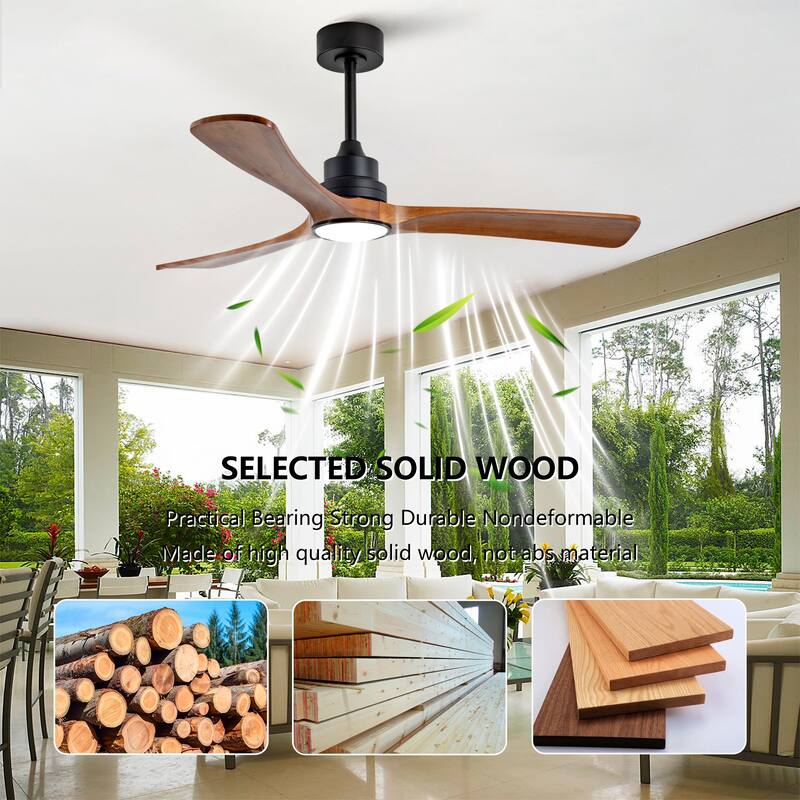 52" Wood Ceiling Fan w/ 3 Solid Wood Blades Remote Control Reversible DC Motor