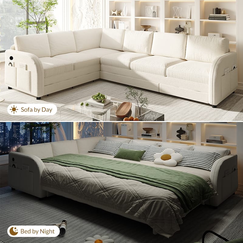 Sectional Sleeper Sofa with Pull Out Bed, Convertible Teddy Fabric Couch with Side Pockets & USB Ports, L Shaped Modular Couches