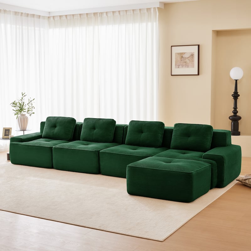 L-Shaped Sectional Couch with Ottoman, Oversized Modular Corduroy Sofa