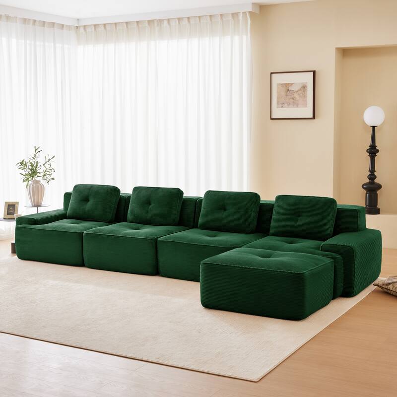 Roomfitters No Assembly Modular Sofa, 117 Inch Corduroy 3-Seater with Piping, Green - Green 153" L-Shape