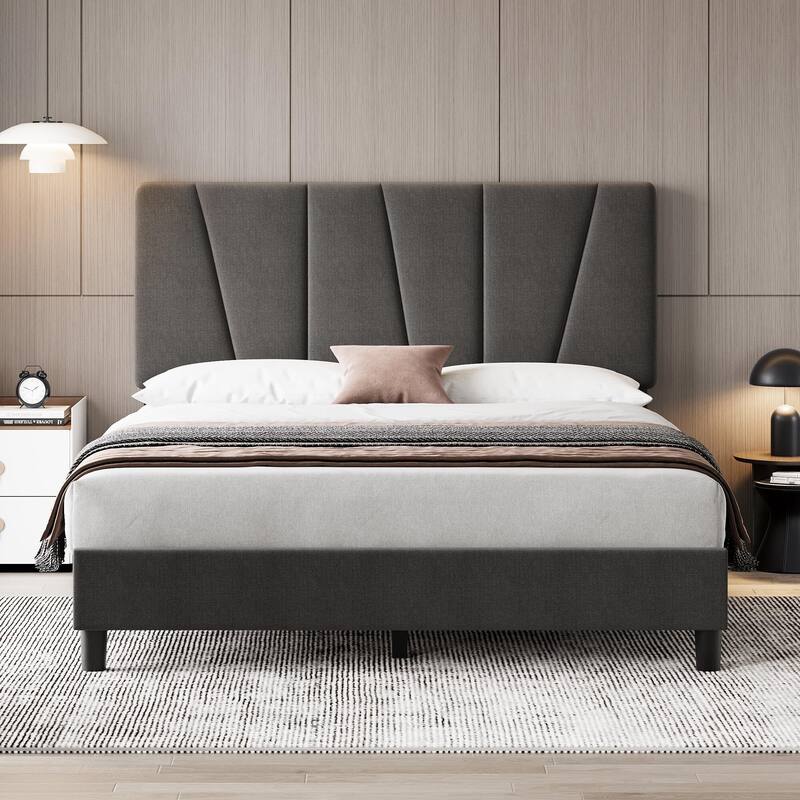 Linen Upholstered Platform Bed Frame with Strong Wooden Slats - Full