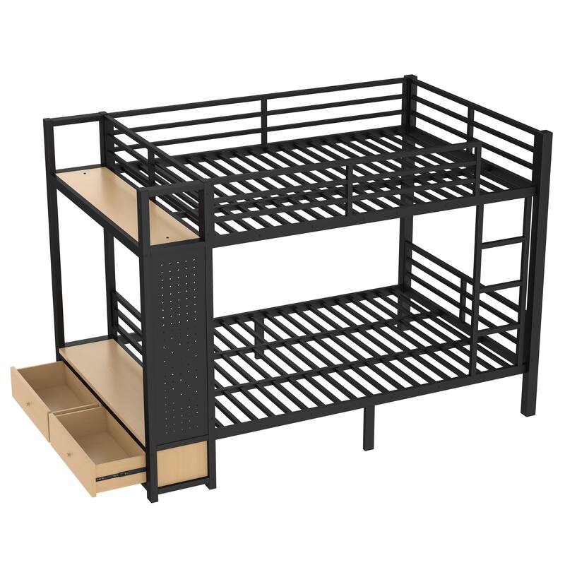 Multifunctional Full Over Full Bunk Bed for Teens with Built-in Wardrobe, Open Shelf, Drawers and Pegboard, Metal Bed Frame