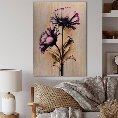 Designart 'Pink Gerbera Flower On Abstract Fusion III' Floral Daisy Wood Wall Art - Natural Pine Wood