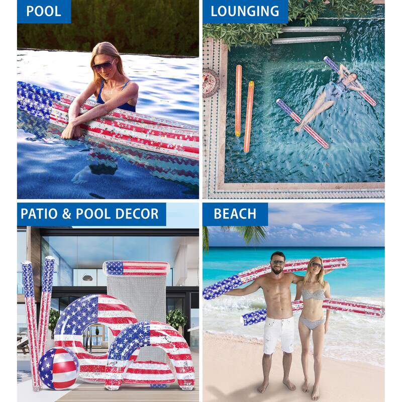 POZA 2 Pack Inflatable USA Flag Jumbo Pool Noodle Floats with Confetti - 74 inches
