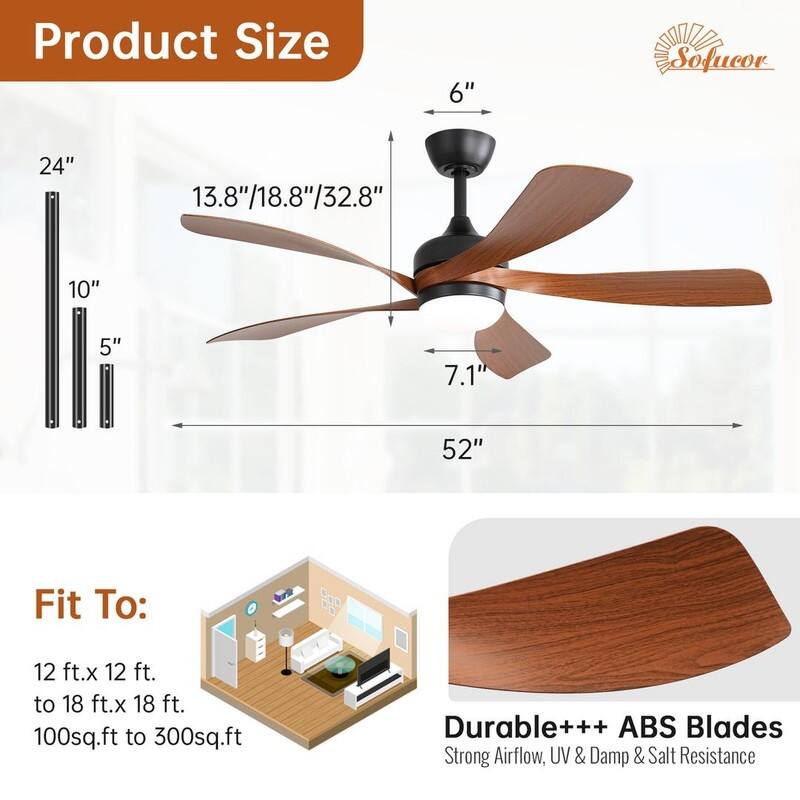 52"/66" Inch Ceiling Fan with Light,APP and Remote Control, Low Profile,Smart Optional