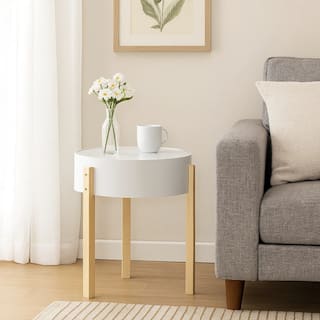 Round Wooden End Table with Hidden Storage, White and Brown