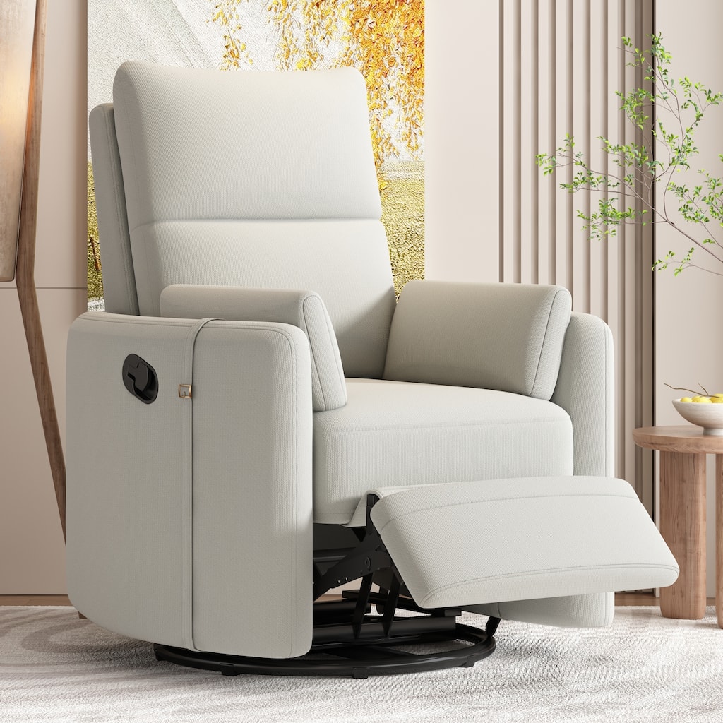 Beige Upholstered Swivel Rocker Recliner with Manual Recline, 360° Swivel, and Two Removable Cushions