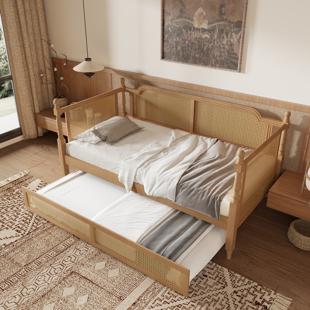 Rattan Frame Daybed with Pull-out Storage Drawers Bookcase Bed - Wooden Sofa Bed with Trundle Bed Platform Bedframe - Open Bed