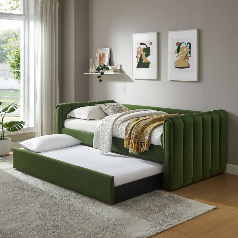 Veyla Channel Tufted Performance Velvet Twin Daybed With Trundle - Moss Green