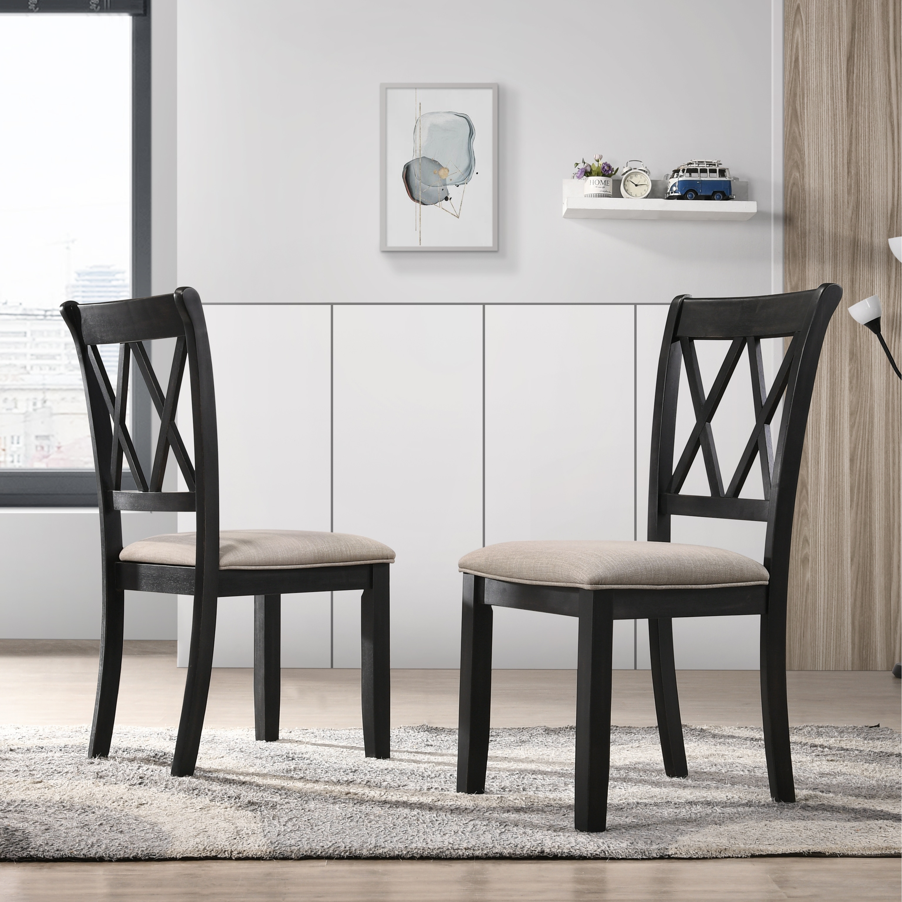 Modern Fabric Upholstered Dining Chairs with Linen Seat and Rubberwood Legs, for Dining Rooms, Set of 2, Black